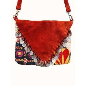 RAJ Red Suede Crossbody‎ Purse Kantha Mirrored Coins Anthropologie